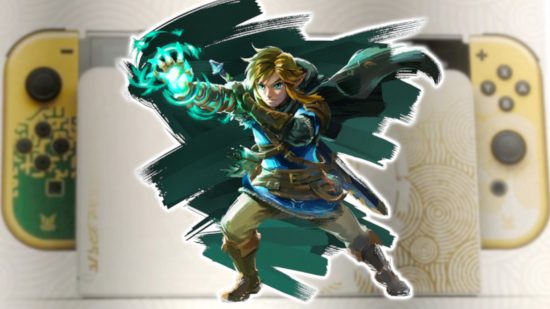 Legend of Zelda Tears of the Kingdom Switch OLED: An image of Link from Tears of the Kingdom with a glowing green hand pasted on a blurred image of the leaked golden Tears of the Kingdom OLED Switch.