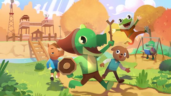 Lil Gator Game update: A key visual from Lil Gator Game showing the gator weilding a wooden stick and a shield alongside some animal friends.