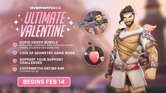 Loverwatch dating sim: A graphic showing the features of the Overwatch 2 Ultimate Valentine event, including the Cupid Hanzo skin, highlight intro, and weapon charm.