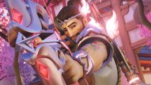Loverwatch dating sim: Hanzo wearing his Cupid skin, aiming his bow at the camera and pulling a seductive face towards the viewer.