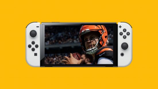 Madden Nintendo Switch mockup showing a Nintendo Switch OLED Model flat, with two white joy cons attached, superimposed onto a mango yellow background, with art from the game appearing on the screen. In the art is a man in an American football helmet holding an American football in a closeup of his face and hands.