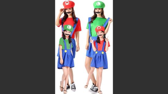 Mario and Lugi costumes; four women in dungarees, t-shirt, and one hat, with hands on hips. The one on the left is in a red tshirt and hat, one is in a green tshirt and hat.