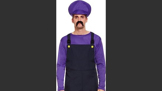 Mario and Luigi costumes; a man in a purple tshirt and hat, black dungarees and with a fake moustache.