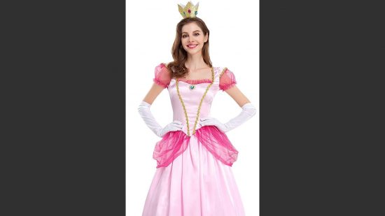 Mario and Luigi costumes; a woman with long brown hair in a fluffy pink dress with long white gloves and a crown.