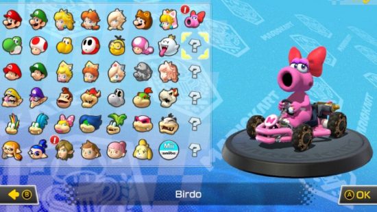 Mario Kart characters: a character selection screen shows Birdo