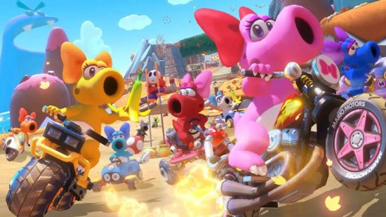 Mario Kart characters: several different coloured versions of Birdo are riding around a track on karts