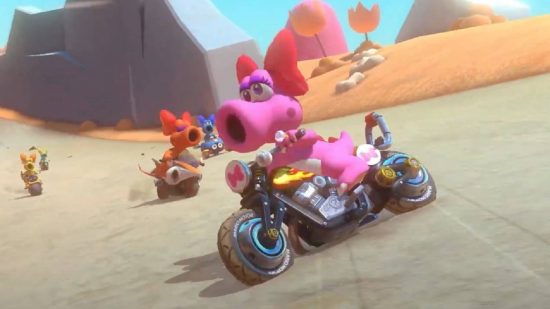Mario Kart characters: several differently coloured versions of Birdo appear on karts, racing around a track