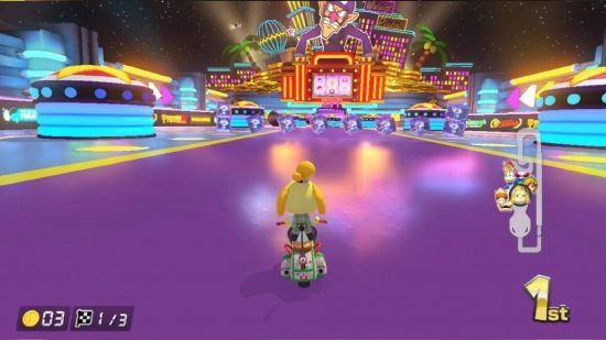 Mario Kart tracks: a screenshot from Mario Kart shows the track known as Waluigi Pinball