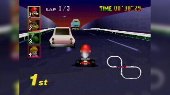 Mario Kart tracks: a screenshot from Mario Kart shows the track known as Toad's Turnpike