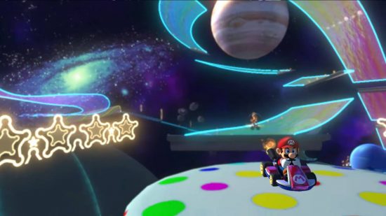 Mario Kart tracks: a screenshot from Mario Kart shows the track known as Rainbow Road (3DS)
