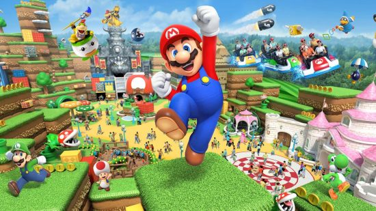 Mario Nintendo's focus header showing Mario, a man with a red hat and shirt underneath blue dungarees, with a big black moustache and fist in the air in celebration, above a green splodge of grass elevated high above a park with people, mushrooms strange creatures, and more mushroom kingdom things.