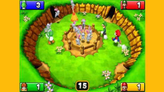 Mario Party characters: a screenshot from Mario Party shows Mario and friends playing a minigame