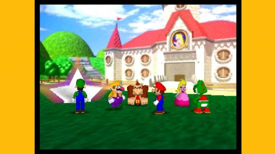 Mario Party characters: a screenshot from Mario Party shows Mario and friends playing a minigame