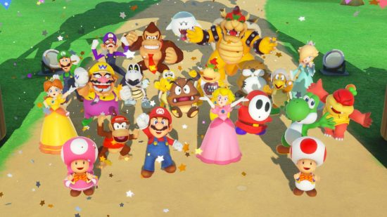 Mario Party games: Mario and pals pose for the camera, raising arms in joy