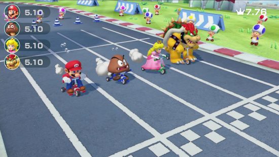 Mario Party games: Mario, a Goomba, Peach, and Bowser, all compete on tiny bokes to cross the finish line