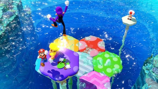 Mario Party games: Mario, Luigi, Wario, and Waluigi, all compete to stay on floating platforms,