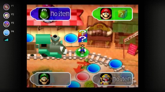 Mario Party games: a small luigi in a cowboy outfit stands on some train tracks