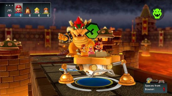 Mario Party games: Mario and several other pals all appear in one car, trying to escae from Bowser