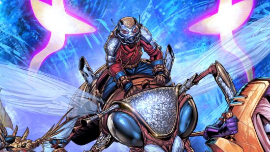 Marvel Snap February update: New steampunk art of Ant-Man riding a flying ant on a blue background with two glowing purple crosses that are meant to look like Kang the Conqueror's eyes.