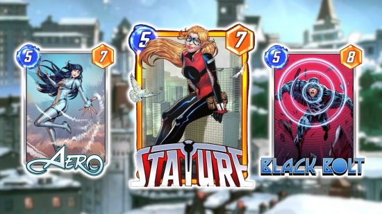 Marvel Snap hot location: Stature, Aero, and Black Bolt's cards outlined in white and pasted on a blurred background of Sokovia.