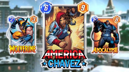 Marvel Snap hot location: America Chavez, Wolverine, and Apocalypse's cards outlined in white and pasted on a blurred background of Sokovia.