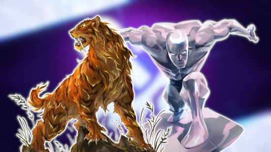 Marvel Snap nerfs: Card art for Zabu (a sabertooth tiger) and the Silver Surfer pasted onto a blurred image of the Marvel Snap patch notes image.