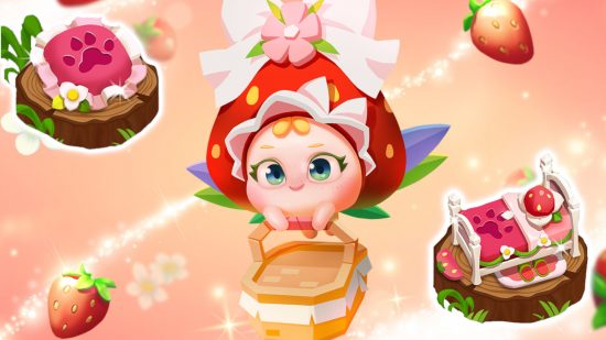 Merge Fantasy Island strawberry update: The Strawberry Kuya in its full form wearing a giant bow on its strawberry hat and holding a wicker picnic basket.. It is floating on a peachy pink background with strawberries and sparkles. There are also white-outlined images of the strawberry themed resources.