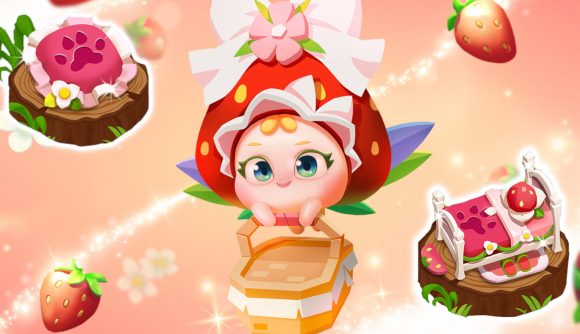Merge Fantasy Island strawberry update: The Strawberry Kuya in its full form wearing a giant bow on its strawberry hat and holding a wicker picnic basket.. It is floating on a peachy pink background with strawberries and sparkles. There are also white-outlined images of the strawberry themed resources.