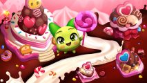 Merge Fantasy Island Valentine's Day event: A green square creature with cat ears wielding a pink lollypop stands amongst chocolate cakes and sweets in a pink and brown cake land.