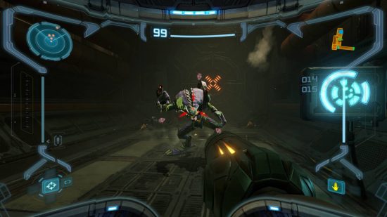 Metroid Prime Remastered review: a screenshot from Metroid Prime Remastered shows Samus pointing her arm cannon at a space pirate