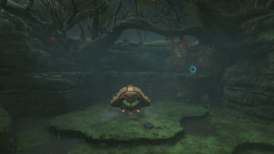 Metroid Prime Remastered review: a screenshot from Metroid Prime Remastered shows Samus' gunship stationed in the jungles of Talon Overworld