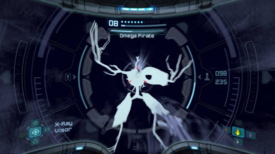 Metroid Prime Remastered review: a screenshot from Metroid Prime Remastered shows a black and white view of a Space Pirate