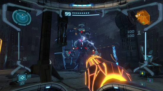 Metroid Prime Remastered review: a screenshot from Metroid Prime Remastered shows Samus pointing her arm cannon at a large enemy