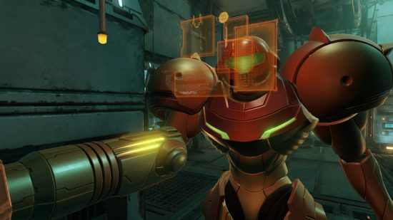 Metroid Prime Remastered review: a screenshot from Metroid Prime Remastered shows Samus looking at a map 