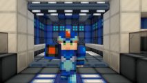 Minecraft Mega Man DLC - a blocky Minecraft man in a blue suit walking through a grey white and blue space station-like hallway