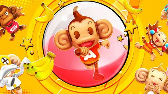 Monkey games: key art for the game Super Monkey Ball Banana Mania shows AiAI the monkey in a giant ball, tumbling towards the viewer. Other monkey characters and bananas adorn the edges of the image