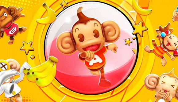 Monkey games: key art for the game Super Monkey Ball Banana Mania shows AiAI the monkey in a giant ball, tumbling towards the viewer. Other monkey characters and bananas adorn the edges of the image
