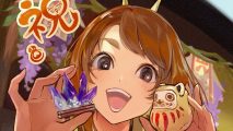 Monster Hunter Rise sales celebratory art showing Yomogi, a woman with ginger hair holding up two dolls to her large eyes and looking happy in a close up of her face.
