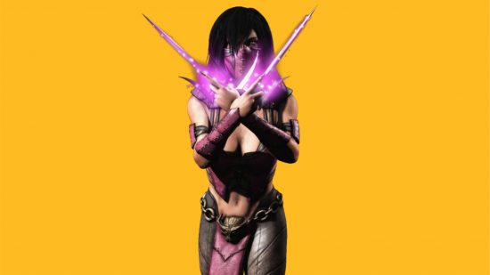 Mortal Kombat's Mileena in front of a yellow background
