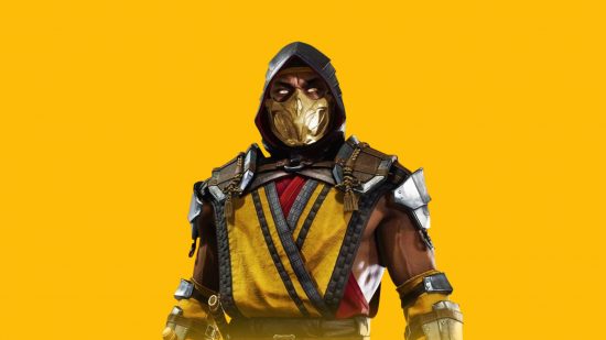 Mortal Kombat's Scorpion against a mango yellow background. They are a man with a dark hood, yellow mask and yellow gown, like a ninja. They have blank eyes and strong, black-armour-padded arms.