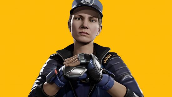 Mortal Kombat's Sonya, a woman in a police uniform with blonde hair in a ponytail, in a fighting pose, one fist in the palm of her hand like she's ready to beat someone up.