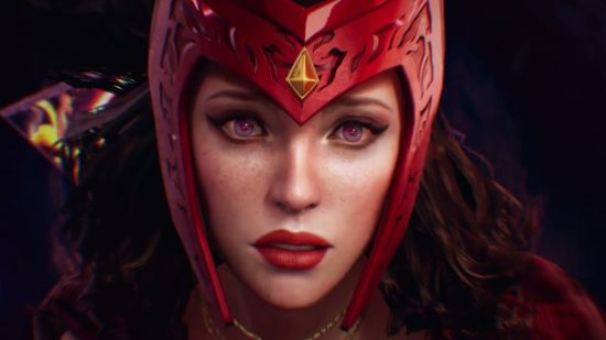 Netmarble financial results header showing Scarlet Witch, a superhero from the company's game Marvel Future Revolution. She has a red helmet on, covering her forehead and ears, all ornate and carved, with red lipstick and red eyes highlighting her pale face. She looks a little sad.