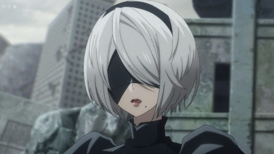 Nier Automata 2B: 2B on a grey city background from the eighth episode of the anime.