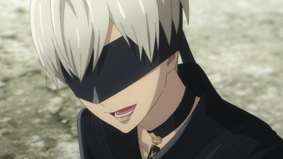 Nier Automata 9S: A still of 9S from the Nier Automata anime showing him talking to someone with his mouth slightly open.