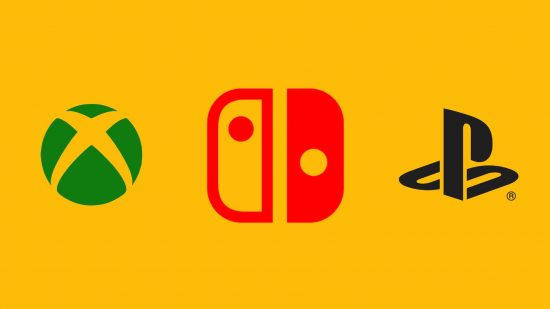 Nintendo E3 2023 - the Nintendo Switch logo on a mango yellow background, next to the Xbox logo on the left and the PlayStation logo on the right.