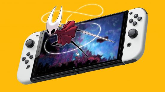 Nintendo Switch 2-23 indie releases: an image shows Hornet from Hollow Knight leaping out of a Nintendo Switch