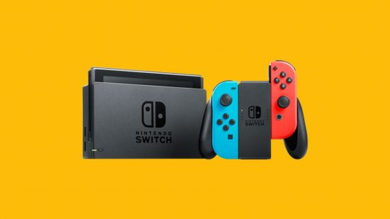 Nintendo Switch price cut - the Nintendo Switch in its dock, controllers removed and attached to a controller grip sat next to the dock, with one blue joy con all the way in, the red halfway in, both in front of a television, only one corner showing the rest cut off by the frame of the image. All superimposed on a mango yellow background.