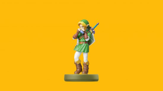 Ocarina of Time Link: an image shows the Ocarina ofTime Link amiibo against a yellow background