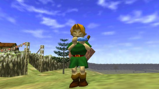 Ocarina of Time songs: Link stands in Hyrule field playing the ocarina