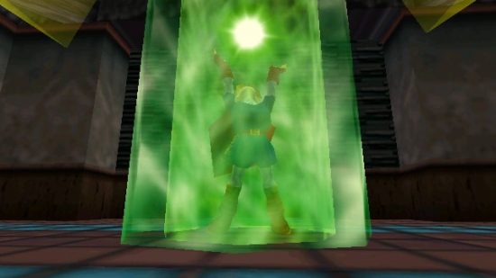 Ocarina of Time songs: Link stands on a warp point, getting ready to travel to a different location
